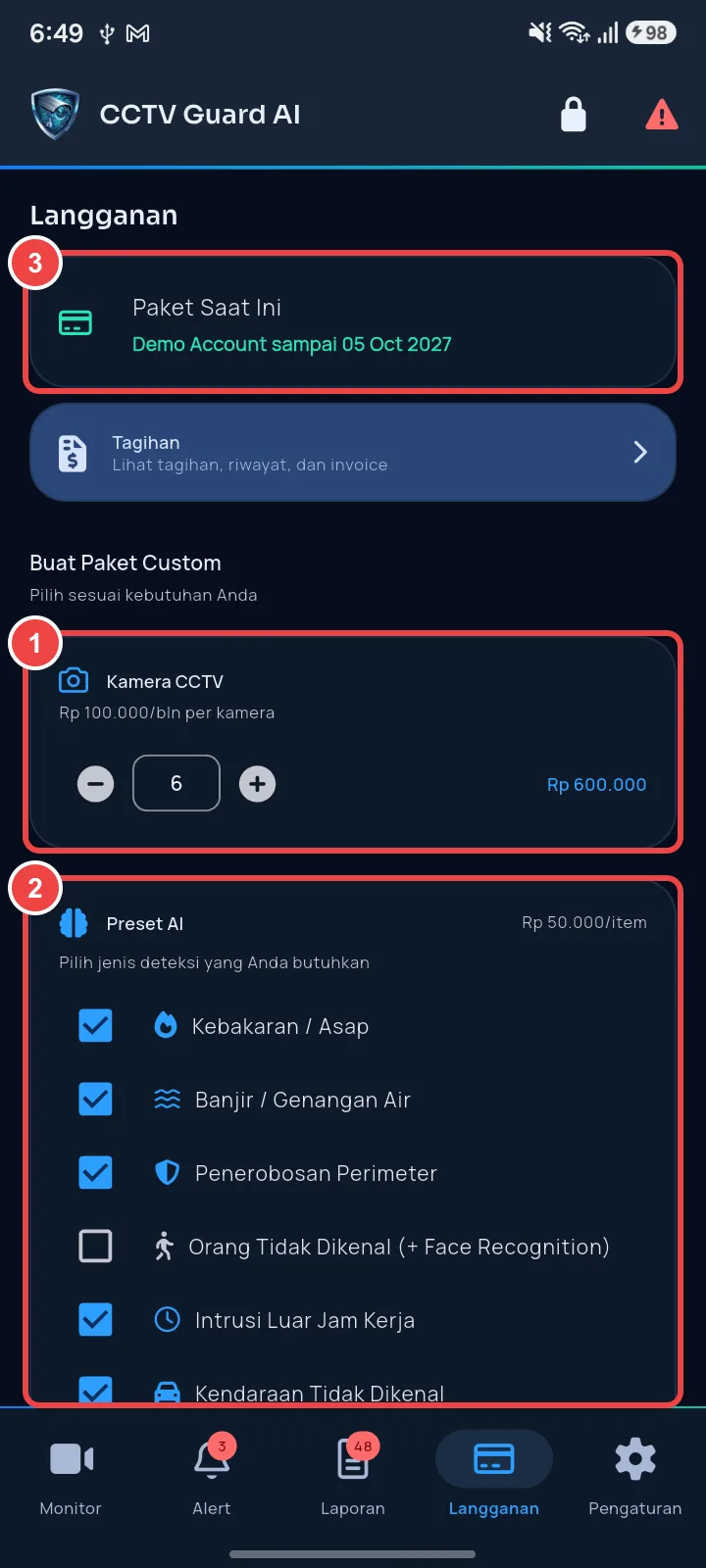 Subscription tab: number of cameras and AI presets