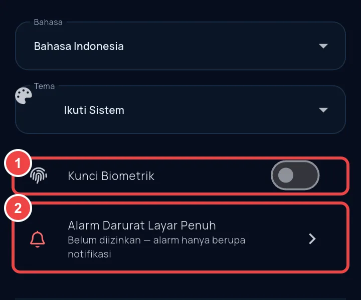 Biometric lock and emergency alarm settings